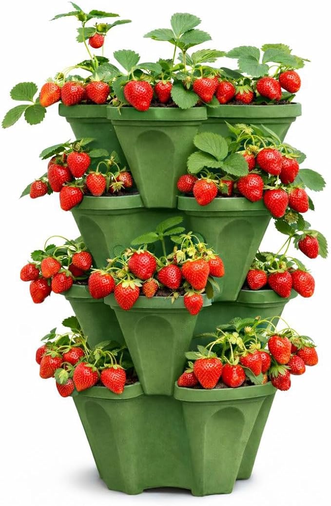 Large Vertical Planter Tower, 4 Tier Stackable Garden Planter, 16 Plant Sites, Heavy Duty Strawberry Planter, Vertical Growing System with Center Hole, Made in USA (4, Sagebrush Green, Large)