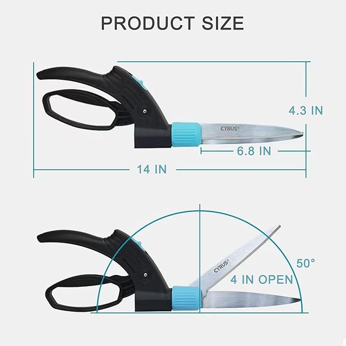 CYRUS 14-Inch Handheld Grass Shears with 360° Rotating Head - Premium Carbon Steel Plant Cutting Scissors Ergonomic Handle & Safety Lock Garden Shears for Lawn, Hedges, Fences