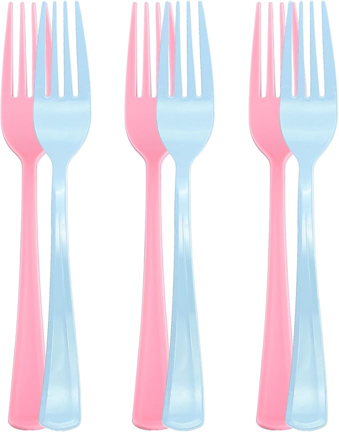 50 Pcs Pink and Blue Plastic Forks Heavy Duty Plastic Cutlery Sets 25 Pink Forks and 25 Blue Forks for Birthday Baby Shower Gender Reveal