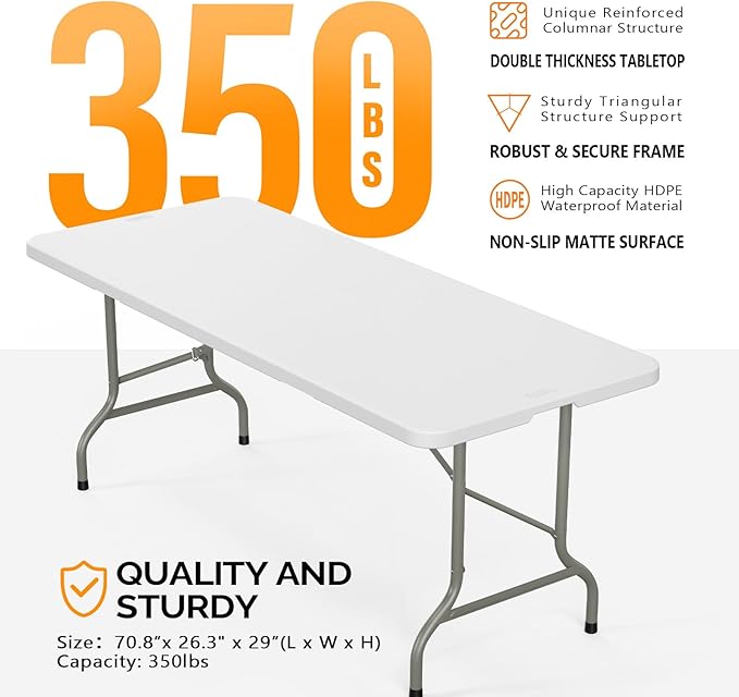 Bonnlo Folding Table 6ft, Portable Collapsible Plastic White Long Tables for Party, Camping, Banquet, Craft, Dining, Wedding, Outdoor and Indoor Use
