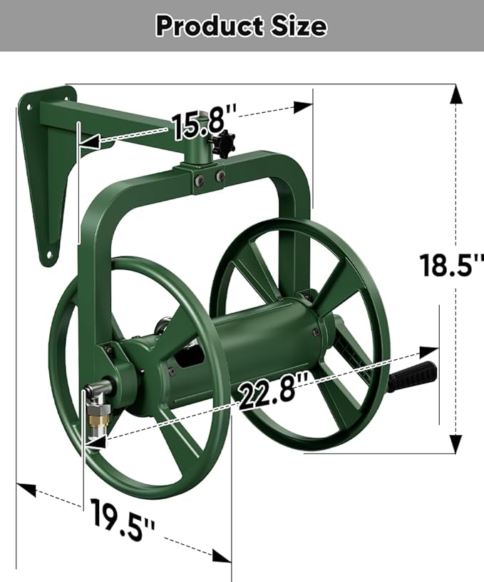 Artigarden Rotating 360° Garden Hose Reel, Wall Mounted Hose Reel Holder Holds 165ft of 5/8'' Hose, Outdoor Heavy Duty Metal Water Hose Organizer Storage Rack with 3.9ft Leader Hose for Outside, Green