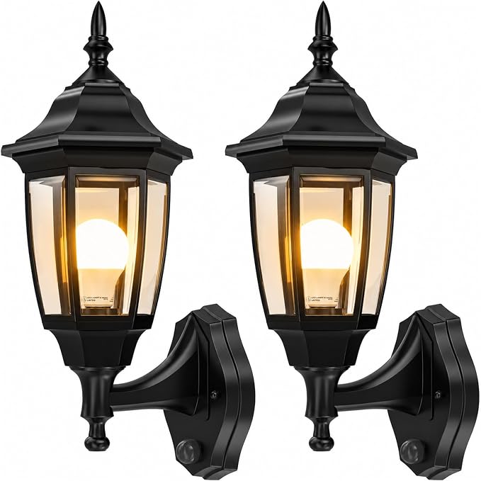 EMART Dusk to Dawn Plastic Outdoor Wall Light Fixtures with Bulbs, Waterproof and Anti-Corrosion Porch Sconces, Exterior Lanterns Wall Mount Lamp for Outside, Garage, Front Door, Patio, 2 Pack, Black