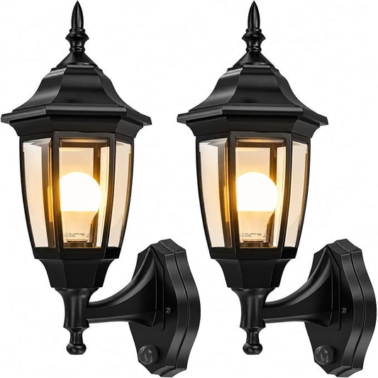 EMART Dusk to Dawn Plastic Outdoor Wall Light Fixtures with Bulbs, Waterproof and Anti-Corrosion Porch Sconces, Exterior Lanterns Wall Mount Lamp for Outside, Garage, Front Door, Patio, 2 Pack, Black