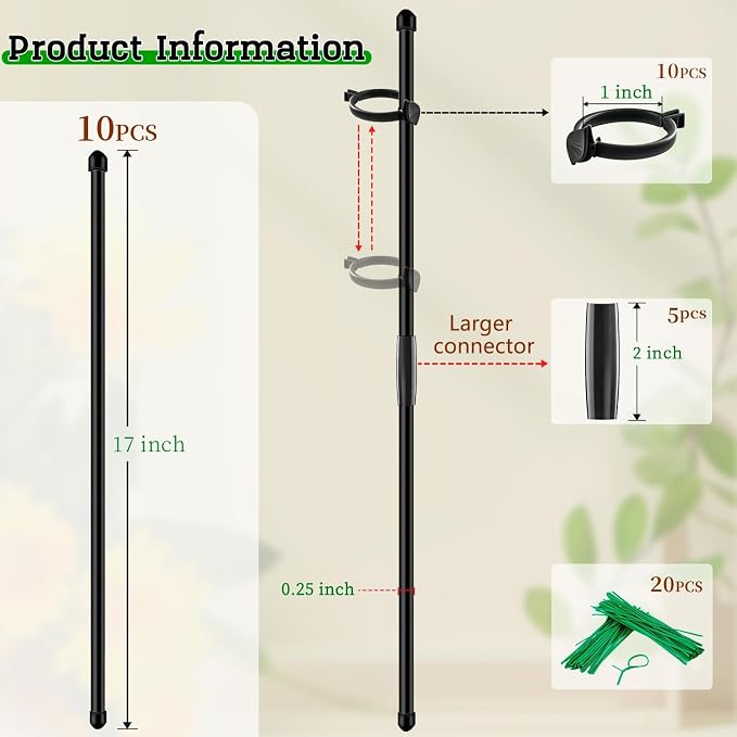 Plant Stakes 17 inch SupKing Support Stick Orchid Stakes with Clips 10Pcs Garden Plant Poles Extended to 3/4/5ft for Indoor Outdoor Potted Tomato Rose Amaryllis Vegetables Monstera -Black