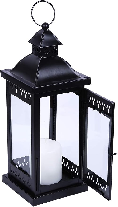 Hosley 15" Clear Glass Iron Lantern - Large Black Classic Style, Decorative Candle Holder for Weddings, Parties, Aromatherapy, Spa, LED Candles, Home Décor Gift