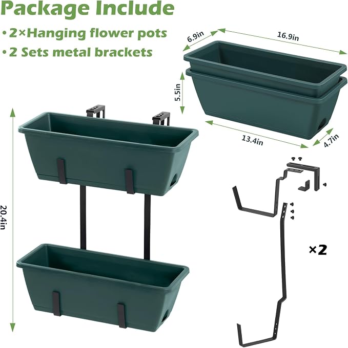 2 Pack Window Boxes Planters 17’’ Railing Hanging Planter Boxes for Outdoor Plants with Double Adjustable Brackets Rectangle Deck Railing Flower Pots Herb Planter for Fence Patio Balcony