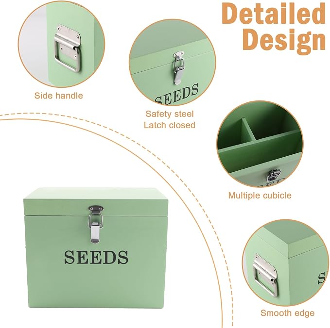 Seed Storage Organizer with 2 Dividers,Wooden Seed Saving Box with Lid, Seeds Bin Storage Container Kit with 2 Pens,20 Plant Labels and 50 Seeds Envelopes, Perfect for Flower Plants Garden
