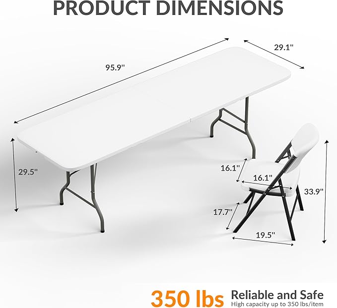 Elevon Folding Table Set with 8 White Folding Chairs,8 Feet Heavy Duty Fold-in-Half Utility Table Sets for Picnic, Event, Training, Outdoor Activities, at Home and Commercial Use