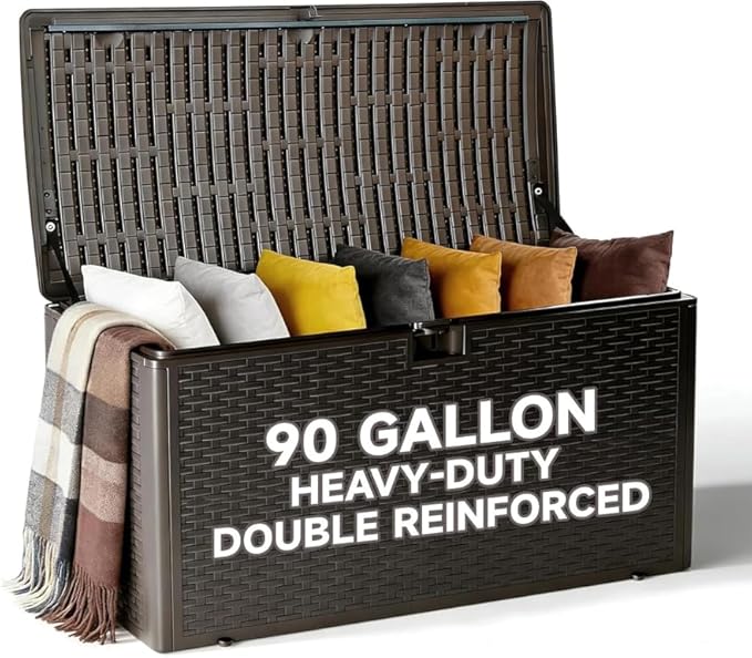 90-Gallon Double Layer Resin Deck Box – Lockable, Waterproof & UV-Resistant Storage for Patio Furniture, Garden Tools & Pool Accessories (Brown)