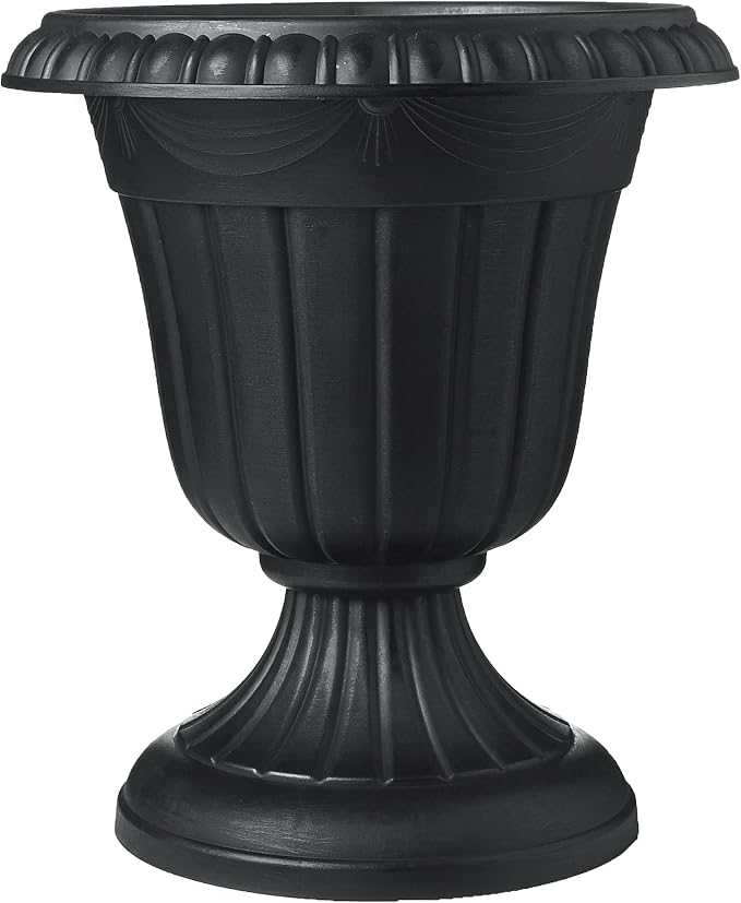 Arcadia Garden Products PL20BK Classic Traditional Plastic Urn Planter, Indoor or Outdoor Garden Decor, Flower Pot Vase 10x12 - Black