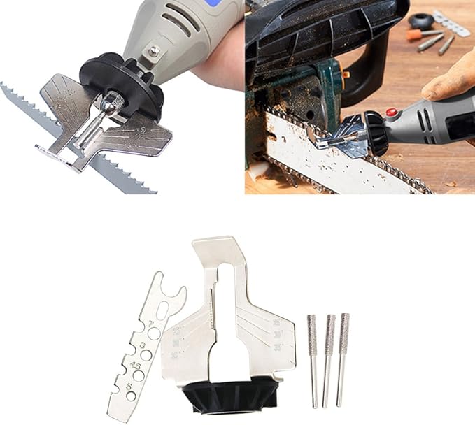 Chainsaw Sharpening Attachment Kit Rotary Tool, Chain Saw Blade Teeth Sharpener Set, Sharpening Attachment with Drill Head and Rulers for Gardening Lawn Mower Chainsaw
