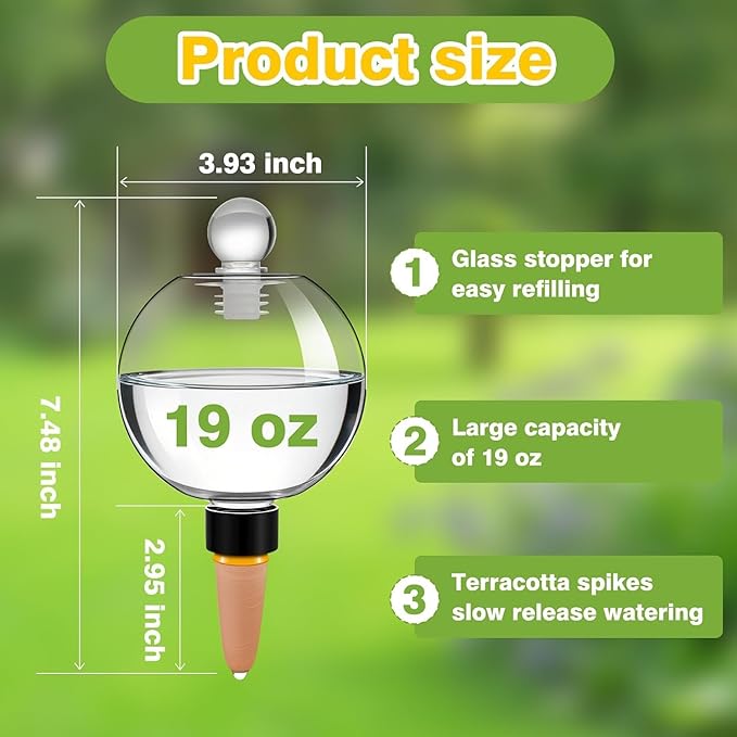 DI QIU REN 19oz Extra Large Self Watering Globes, Automatic Plant Waterer with Glass Stopper - Slow Release Watering Bulbs & Planter Insert, Top-Fill Water Spikes Stakes for Indoor Plants (4, Clear)