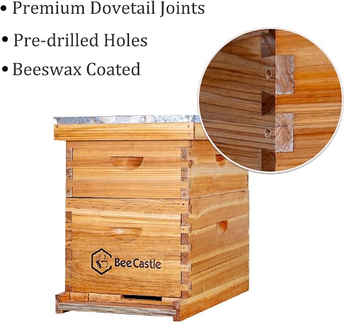BeeCastle 8 Frame Langstroth Bee Hive Coated with Beeswax Includes Beehive Frames and Waxed Foundations (1 Deep Box & 1 Medium Box)