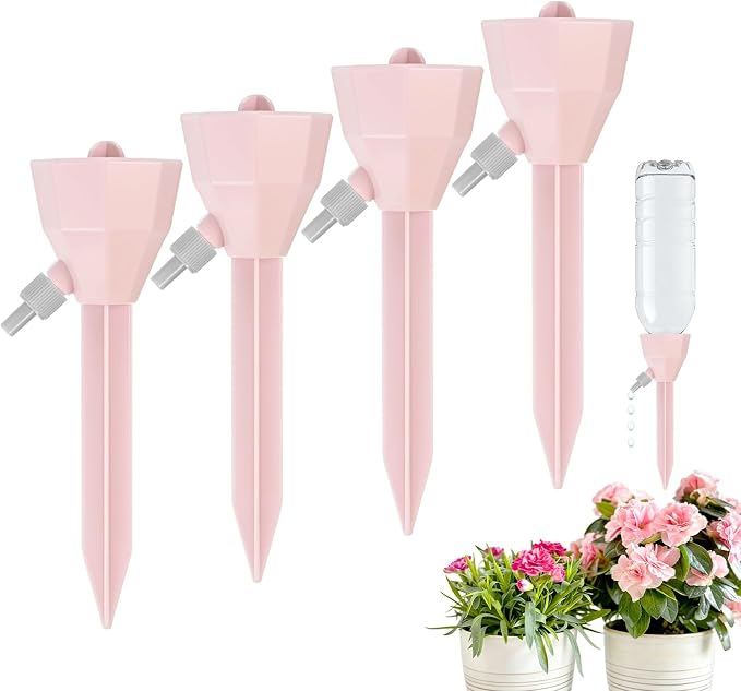 M METERXITY 4-Pack Self Watering Spikes for Plants, 5.3 Inch Plastic Plant Watering Devices with 4 Stoppers for Indoor/Outdoor Pots, Garden Water Planter System [Pink]