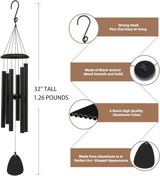 FSVGYY Wind-Chimes-Outdoor-Large-Decor, Deep Tone Soothing Melodic Tones Windchimes, Wind Chimes for Outside, Memorial Wind Chime Best Gift for Mom Women Grandma Neighbors（32" Black）