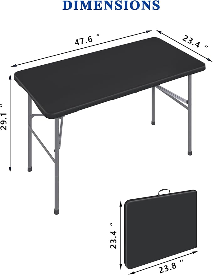 2 Pack 4FT Black Folding Table for Outdoor, 4 Foot Picnic Tables No Assembly Required Portable, Black Foldable Table for Camping, Parties, Meeting, Events, Wedding, with Carrying Handle