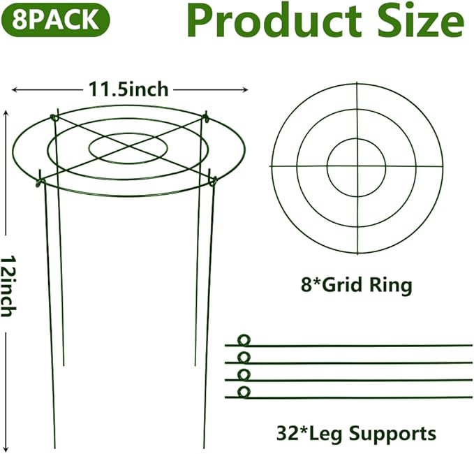 DAYUMKOU 8 Pack Peony Cages and Supports, 11.5" D x 12" H Plant Supports for Outdoor Plants, Heavy Duty Metal Peony Support Cage Flower Support Rings for Rose Hydrangea Strawberry