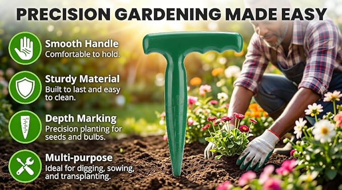 Seed Planter Tool, 6.9 Inch Green Plastic Dibber for Sowing Seeds, Planting Bulbs, Digging with Handle