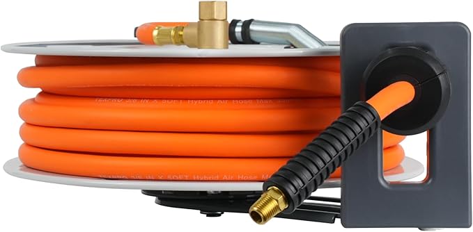 Retractable Air Hose Reel, 3/8 IN x 50FT Hybrid Air Hose Max 300 PSI, Air Compressor Hose Reel with 5 ft Lead in, Ceiling/Wall Mounted Air Hose Reel,Heavy Duty Air Tool