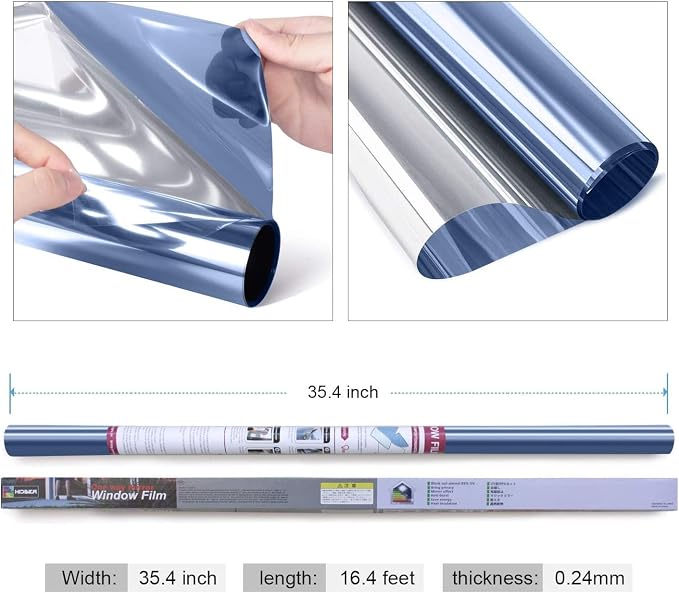 HIDBEA One Way Mirror Window Film ,Daytime Privacy Sun Blocking Reflective Window Film Static Cling Heat Control Window Tinting Film for Home and Office, Blue Silver, 35.4 x 196.8 Inch