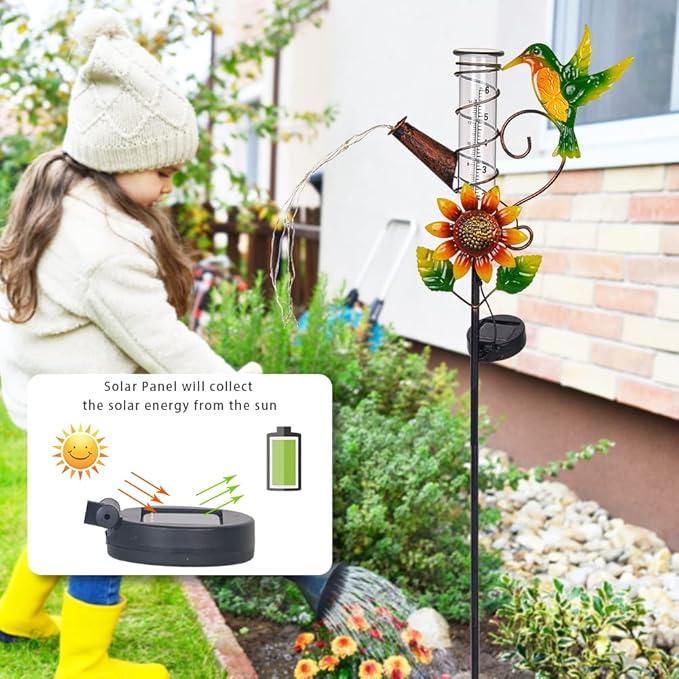 Rain Gauge Outdoor, Solar Hummingbird Rain Gauges, Rust-Proof Fallrain Gauge for Yard, Lawn Pathway, Passage, Patio