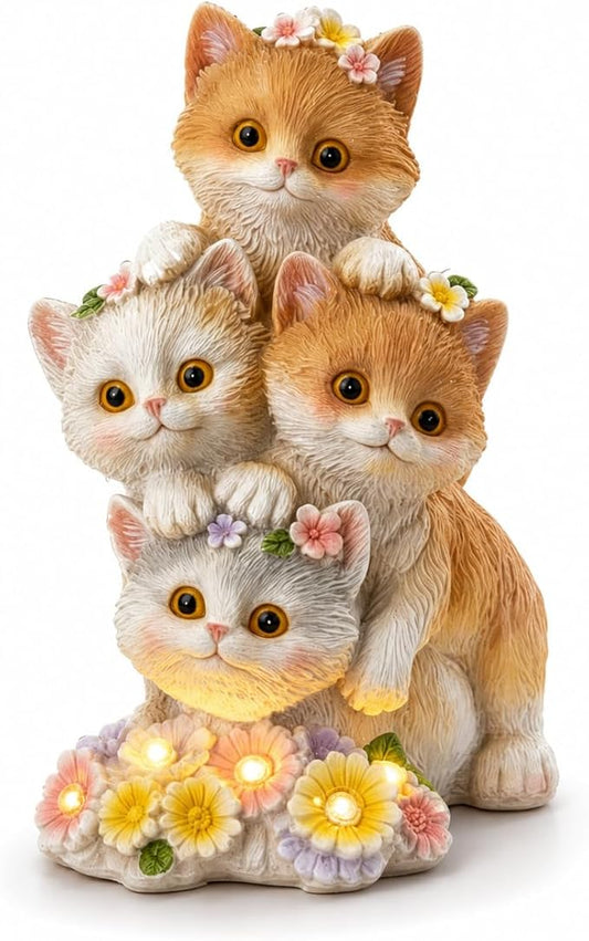 Solar Cat Garden Statues with 6 LED Flower Lights, Stacked Kitten Figurine, Garden Decor for Outside, Birthday Gifts for Women Cats Lovers Mom Grandma