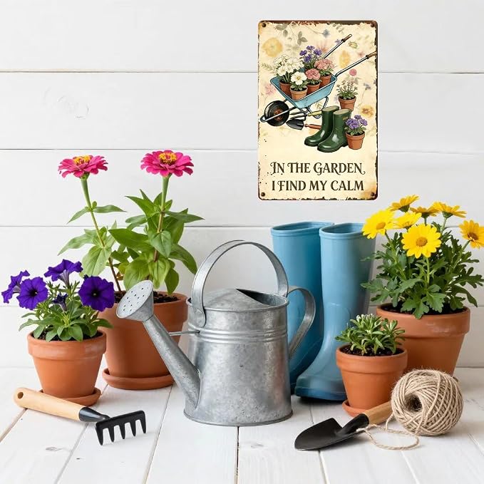 Funny Garden Signs, Vintage Garden Gift, Garden Decor for Outside, in The Garden I Find My Calm Sign, Weatherproof Aluminum Outdoor Decor for Patio Yard Greenhouse Home, Wall Decor 8x12 Inch