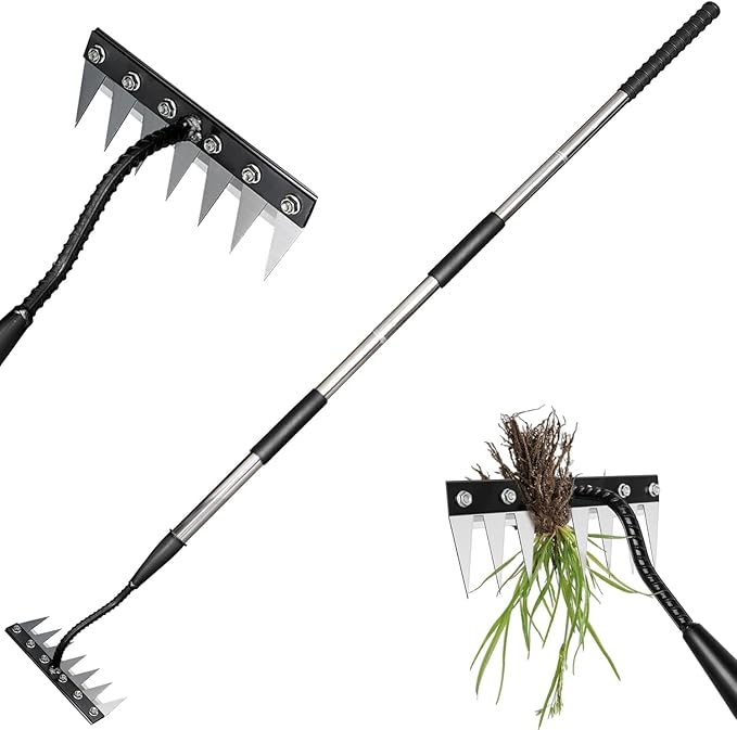 Garden Weeding Rake, Iron Weed Rake with Long Handle(27" - 60"), Heavy Duty 7 Teeth Manganese Steel Iron Weeding Rakes for Weeding, Yard, Farm...