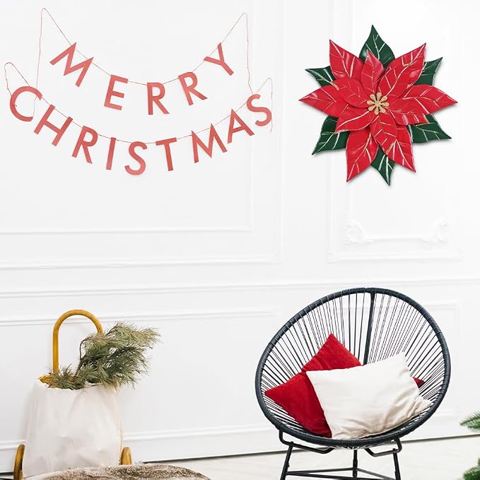 YEAHOME Chrismas Wall Decorations Indoor - 16 inch Metal Flower Wall Art Decor, Poinsettia Yard Garden Decor Hanging for Kitchen, Bathroom, Bedroom, Handmade Gift for Home, Indoor or Outdoor