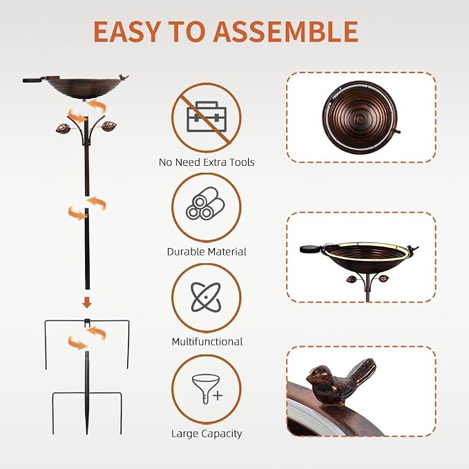 dreamysoul Bird Baths for Outdoors 15" Dia Large Metal Bird Bath with Solar Strip Lights, 5 Prongs Outdoor Copper Birdbath for Lawn Yard Garden Decor