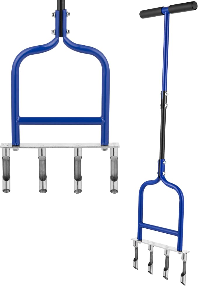 Spike Tine Fork Lawn Aerator – 4 Stainless Steel Cut Pipe Spikes Manual Gardening Hand Tool - Grass Dethatcher Aerator Lawn Tool with Solid Tines for Compacted Soil - Lawn Plugger Aerator.