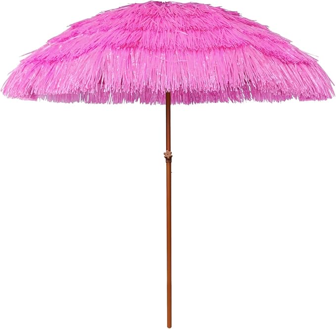 AMMSUN 7.5ft Hula Thatched Tiki Patio Beach Umbrella Hawaiian Style 10 Ribs UPF 50+ with Tilt Carry Bag for Outdoor Tiki Bar, Tropical Palapa, Patio Garden Beach Pool Backyard Pink