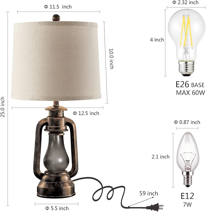 Farmhouse Lantern Table Lamps for Living Room Set of 2 with USB C+A | Vintage Bedroom Resin Lamp, Rustic Retro Bedside Nightstand Desk Lamp, 4 Bulb Included