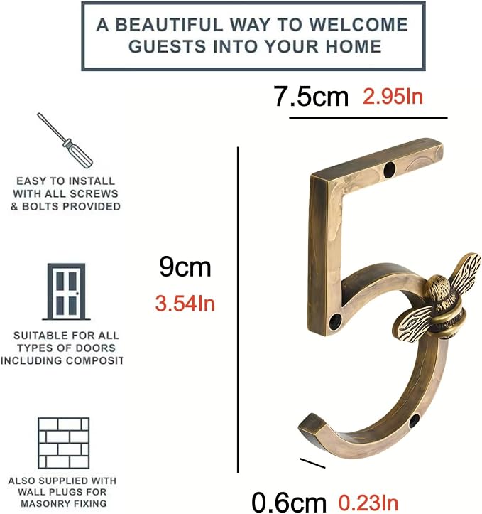 Aimery Bee House Number Sign, Classical Style 0-9 Metal, 3.5 inch for Outside, Motels，Address Numbers for House, Mailbox(Gold,5)