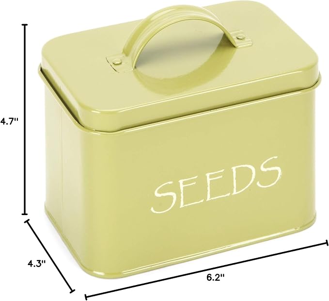 Katai Steel Seed Storage Box Organiser in Green. Compact Seed Packet Container with Lid Complete with Monthly Dividers, 20 Envelopes and Pencil