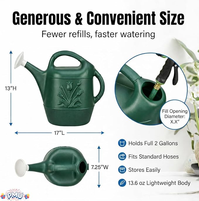 PMU 2 Gallon Watering Can - Garden Watering Can for Indoor & Outdoor Plants - Plastic Water Can with Detachable Sprinkler Head - Large Water Pot, Made in USA - Hunter Green Pkg/12