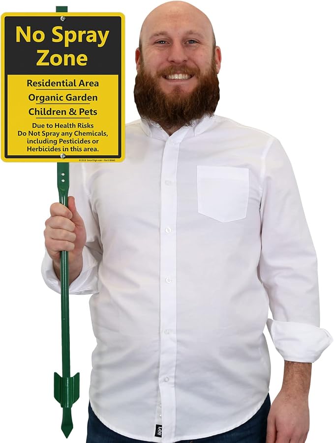SmartSign 12" x 10" 'No Spray Zone Residential Area, Organic Garden, Children And Pets' LawnBoss Yard Sign with 3 ft Stake, 40 mil Laminated Aluminum, Black/Yellow, Set of 1