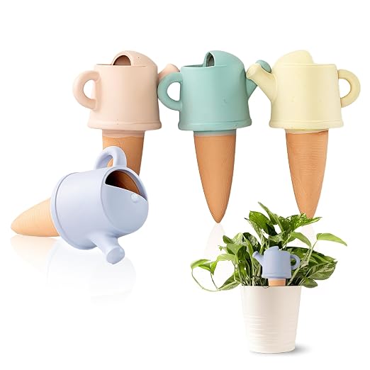 Joyeee 4 Pack Terracotta Watering Can Shape Spikes, Automatic Drip Irrigation Devices for Indoor Outdoor Potted Plants, Self Watering Spikes for Vacations with 100ml Capacity, 4 Mixed Colors