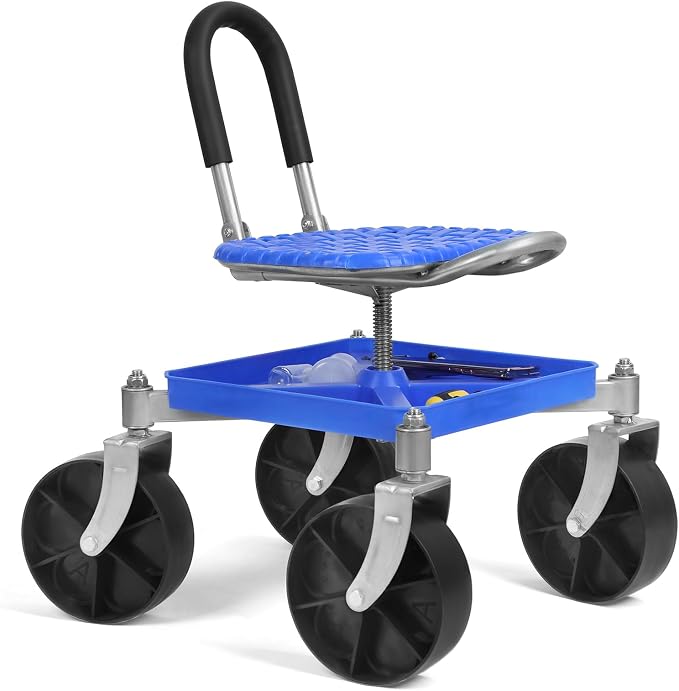 Cuteam Gardening Rolling Seat, Height Adjustable Rolling Garden Cart, 360 Degree Swivel Gardening Stool with Tool Tray, Rolling Work Seat for Gardeners Elderly Seniors (Blue)