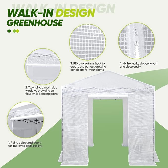 EAGLE PEAK 8x8 Portable Walk in Greenhouse, Pop Up Indoor Outdoor Greenhouse, Green House Kit with Zippered Roll-Up Doors and Windows, PE Cover, Clear/White