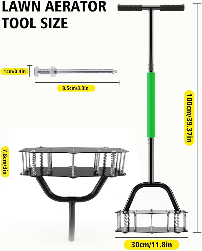 Lawn Aerator Spike Tool - 17 Iron Spikes with T-Handle for Yard and Garden | Dirt Clean & Double-Layer Spring, Manual Soil Aerator, Metal Grass Aerator with Gloves for Lawn Soil Loosening