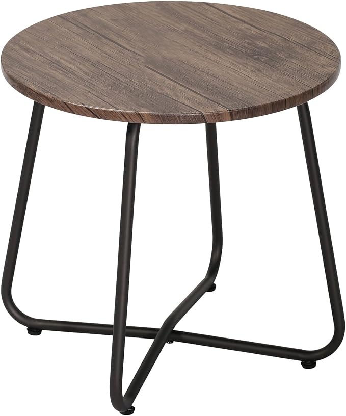 VECELO Outdoor Side Table,17.7 inch Small Round Patio Table,Waterproof Wood Table with Weather Resistant Steel Adjustable for Living Room Bedroom Garden Yard Balcony Porch Poolside