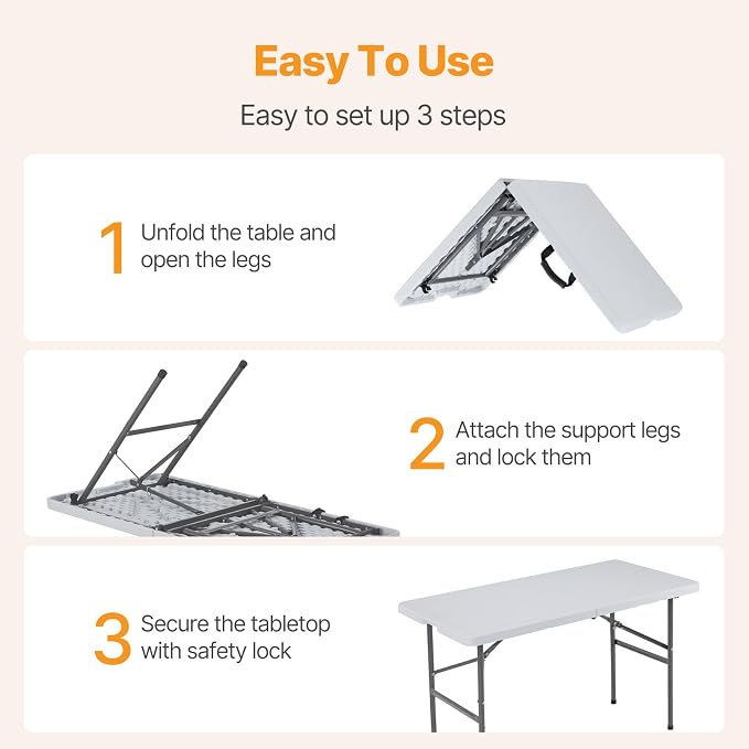 NEWBULIG 4 FT Foldable Table Easy to Fold and Store, Folding Picnic Table for Picnic Camping Kitchen Dining Party Outdoor Indoor with Carrying Handle, White