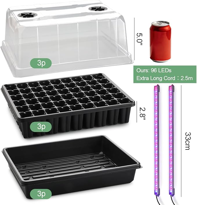 Seed Starter Tray with Grow Lights - 3-Pack 54 Cell Seedling Starter Kit, 5" Tall Humidity Dome & 2.8" Deep Cells, 96-LED Full Spectrum Plant Light with Timer/Dimmable, Reusable Germination Station