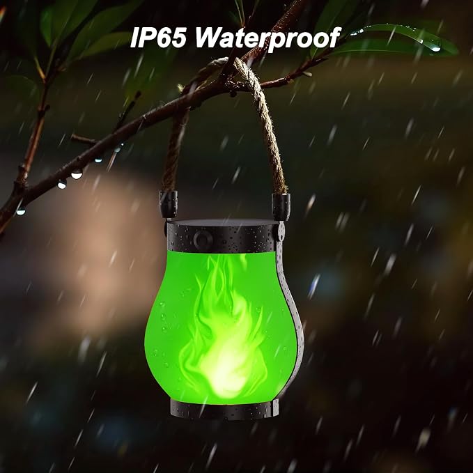 Hompavo Gen2 Solar Lanterns Outdoor with Ultra-Real Flame, Dual Charging (USB/Solar) & 2 Modes - Waterproof Decorative Hanging/Table Lights for Patio Garden Halloween Christmas Decorations, 2/Green