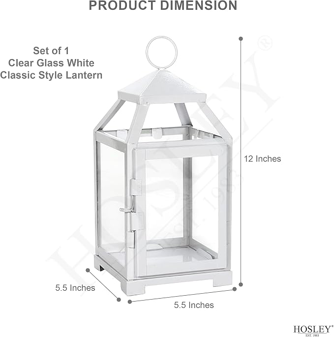 Hosley 12 Inch High Clear Glass and Iron White Classic Style Lantern Ideal Gift for Weddings Bridals Special Occasions Parties Aromatherapy and Spa Settings