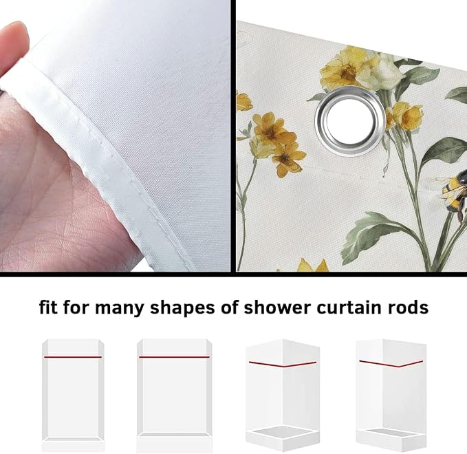 Rustic Boho Sunflowers Bee Shower Curtain, Vintage Chic Country Floral Botanical Floral Plant Farmhouse Cottagecore Aesthetic Shower Curtain Set with Hook, Beige Yellow Bath Curtain 72X72 Inch