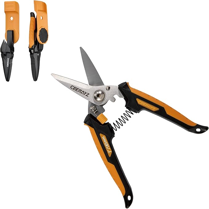 7" Scissors All Purpose, Heavy Duty, Multipurpose, for DIY Projects, Office, Production Lines, Pruning, with Protective Sheath and Magnetic Holder (Black/Orange)