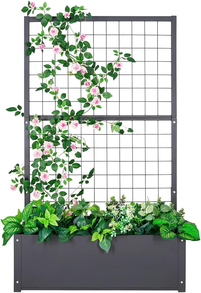 Garden Bed with Trellis Outdoor, Metal, 59in Tall | Metal Frame, 59in Tall Trellis for Climbing Plants, 12in Deep Planter, Drainage Holes, Privacy Screen, Garden Bed for Patio