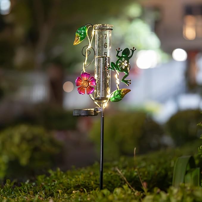 Solar Rain Gauge Outdoor - 7-Inch Glass Tube Frog Design Decorative Weather Gauge for Garden, Yard, Lawn, Patio